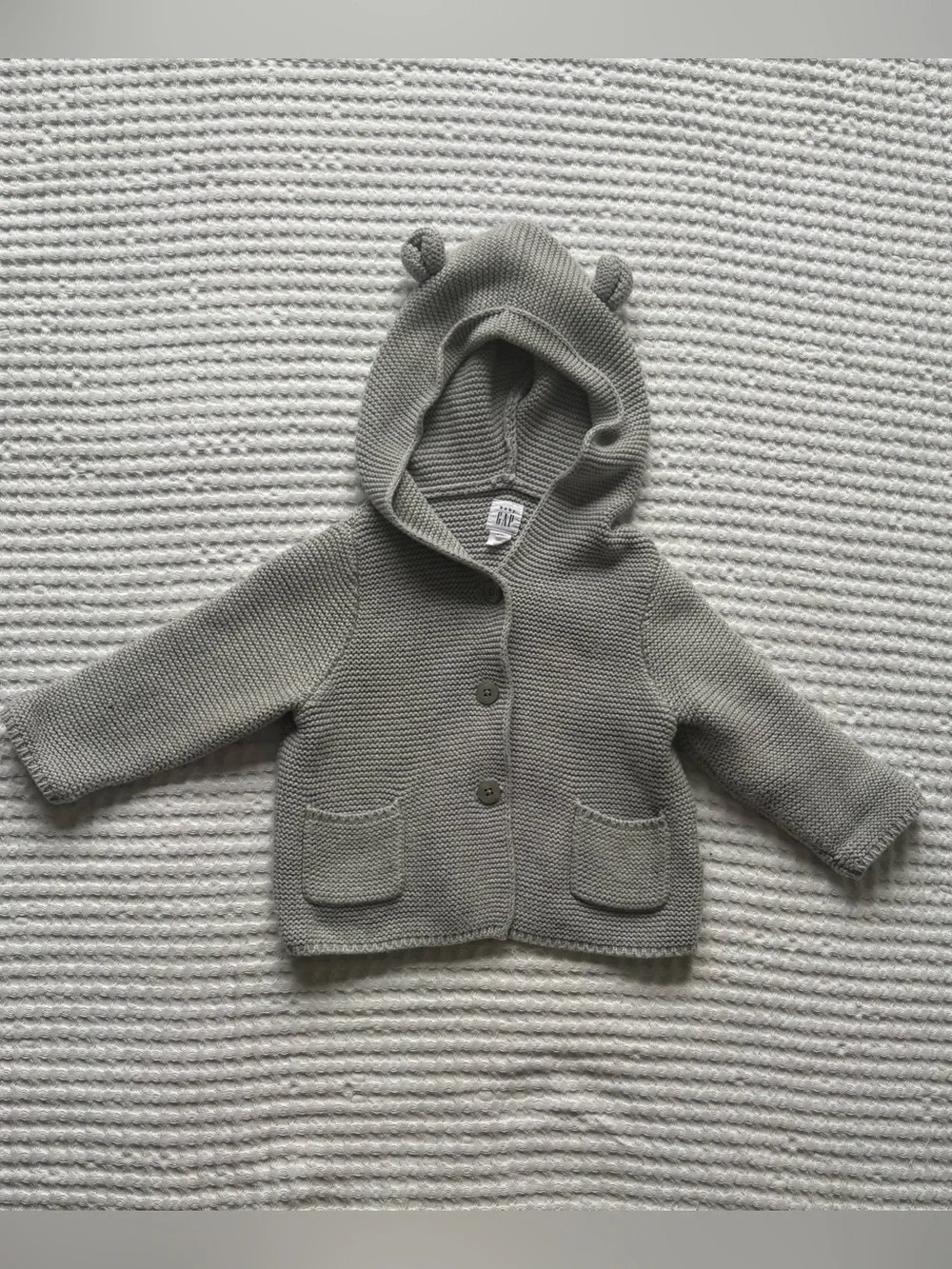 Baby Gap Brannan Bear Cardigan, Gray Cotton Hooded Button Front Sweater, 6-12M